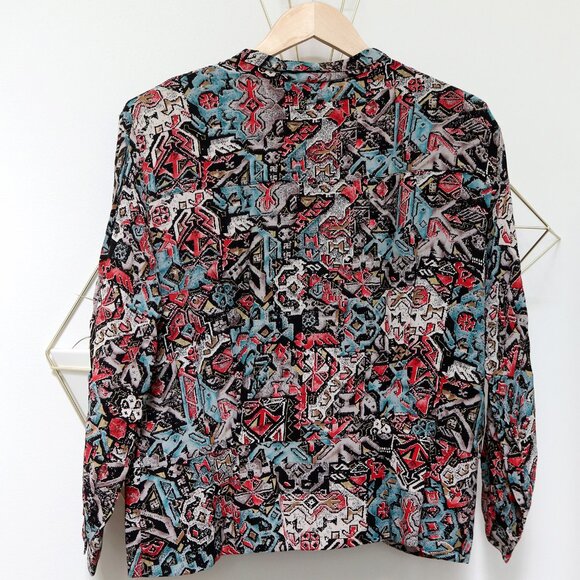 80s Black, Turquoise, Red & Beige Aztec Print Dust Jacket, Button Up Wrap Style - Picture 7 of 9